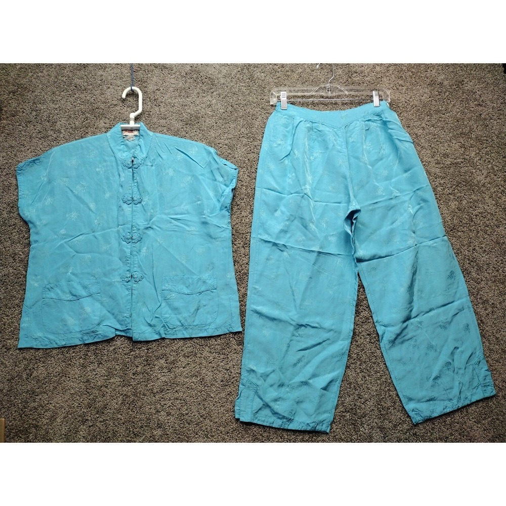 Vintage Shanghai China Silk? Youth Blue Top and Bottom PJ'S Set Sz Large